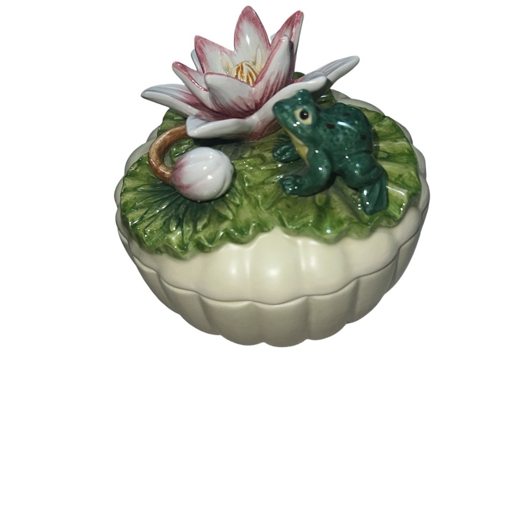 Vintage Fitz & Floyd Lily Pond Surprise Trinket Box Frog Lily Pad Turtle Figurin